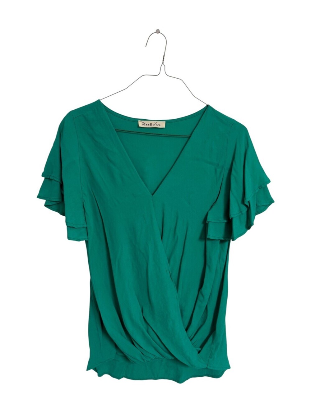 Vine & Love Green Ruffle Sleeve V-Neck Blouse Cross Romantic Coquette Parisian
